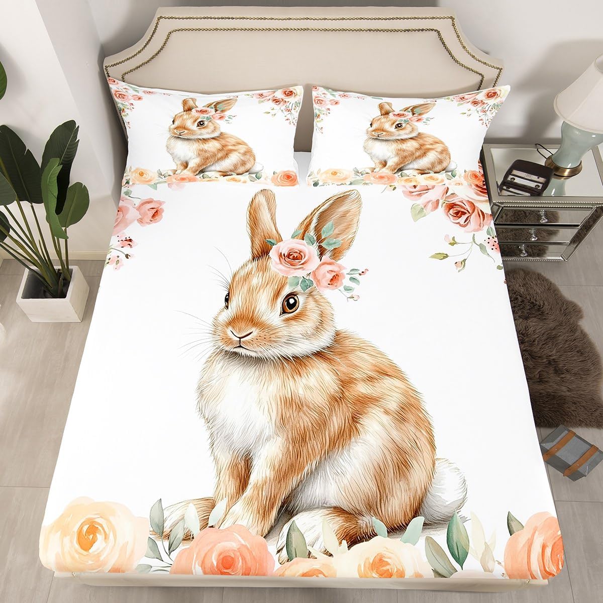 Erosebridal Cute Dog Bed Sheets Full Cartoon Puppy Fitted Sheet,Lovely Animal Rose Print Sheets,Modern Minimalist Bedding Set for Women Men Botanical Flowers Bed Set Breathable