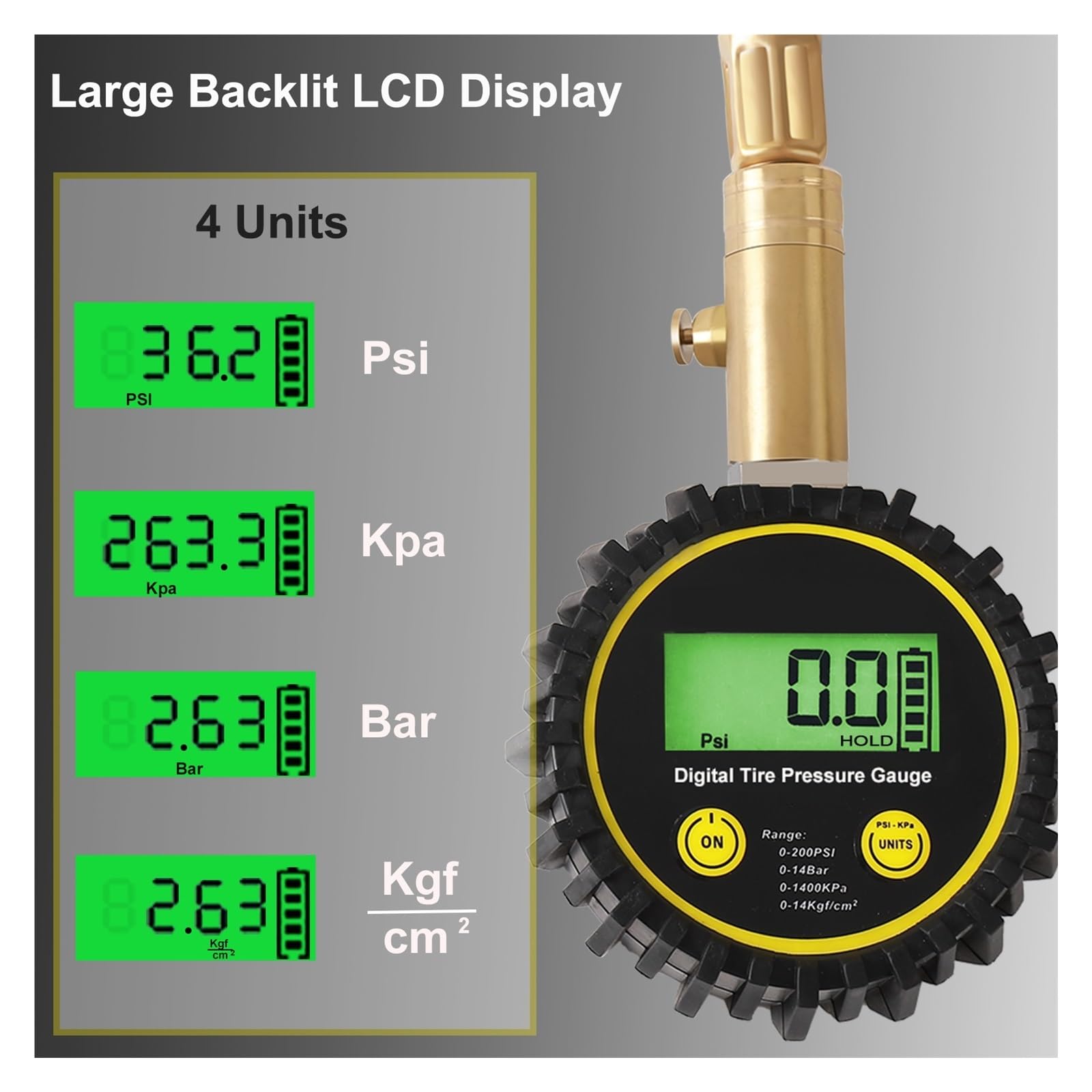 Manómetro de neumáticos Manómetro De Presión De Neumáticos De Coche, 200 PSI, con Manguera Flexible Y Pantalla LCD Retroiluminada, Manómetro Digital For Coche, Camión, SUV