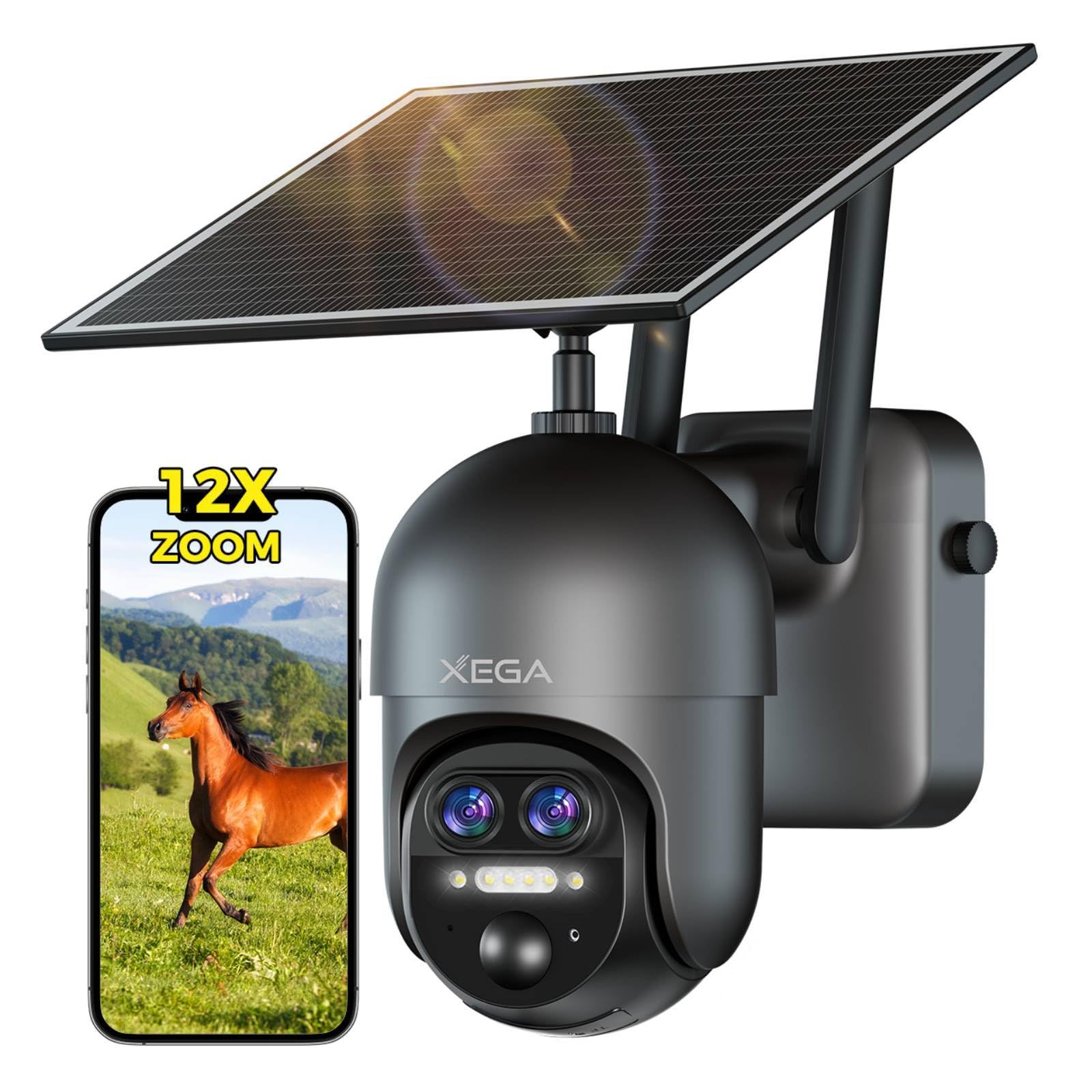 Xega 4G LTE 12X Zoom Hybrid Wireless Outdoor Solar Surveillance Camera, 2K PTZ Dual Lens Camera with SIM Card, 10400 mAh Batteries, AI Human Detection/PIR, 30 m Night Vision Colour, IP66