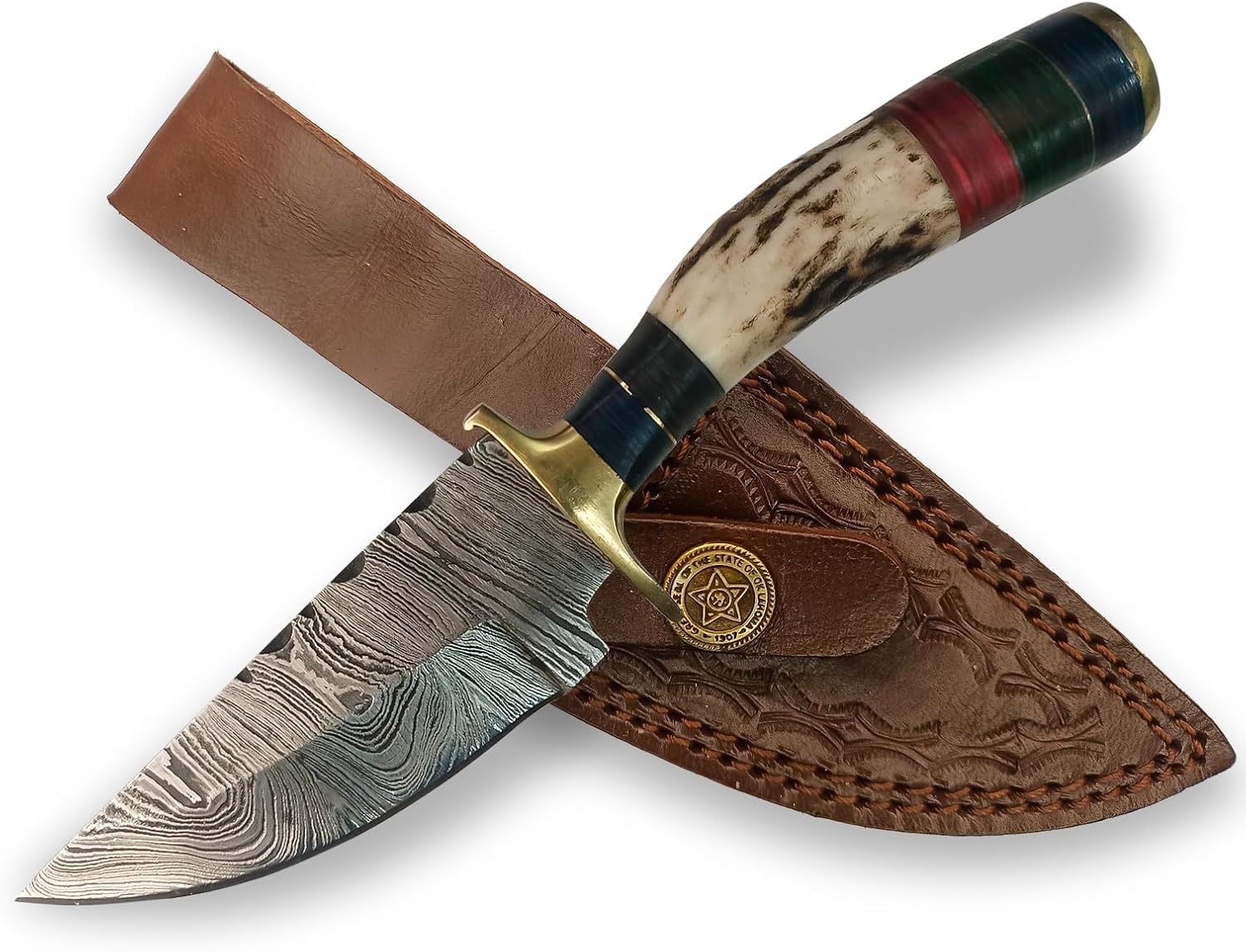 Handmade Damascus Mini Steel Stag Antler Knife - 7 Inch Razor-Sharp Knife, Fire Forged, Leather Sheath Gift for Hunter Camping EDC Knives Ideal for Skinning and Carry