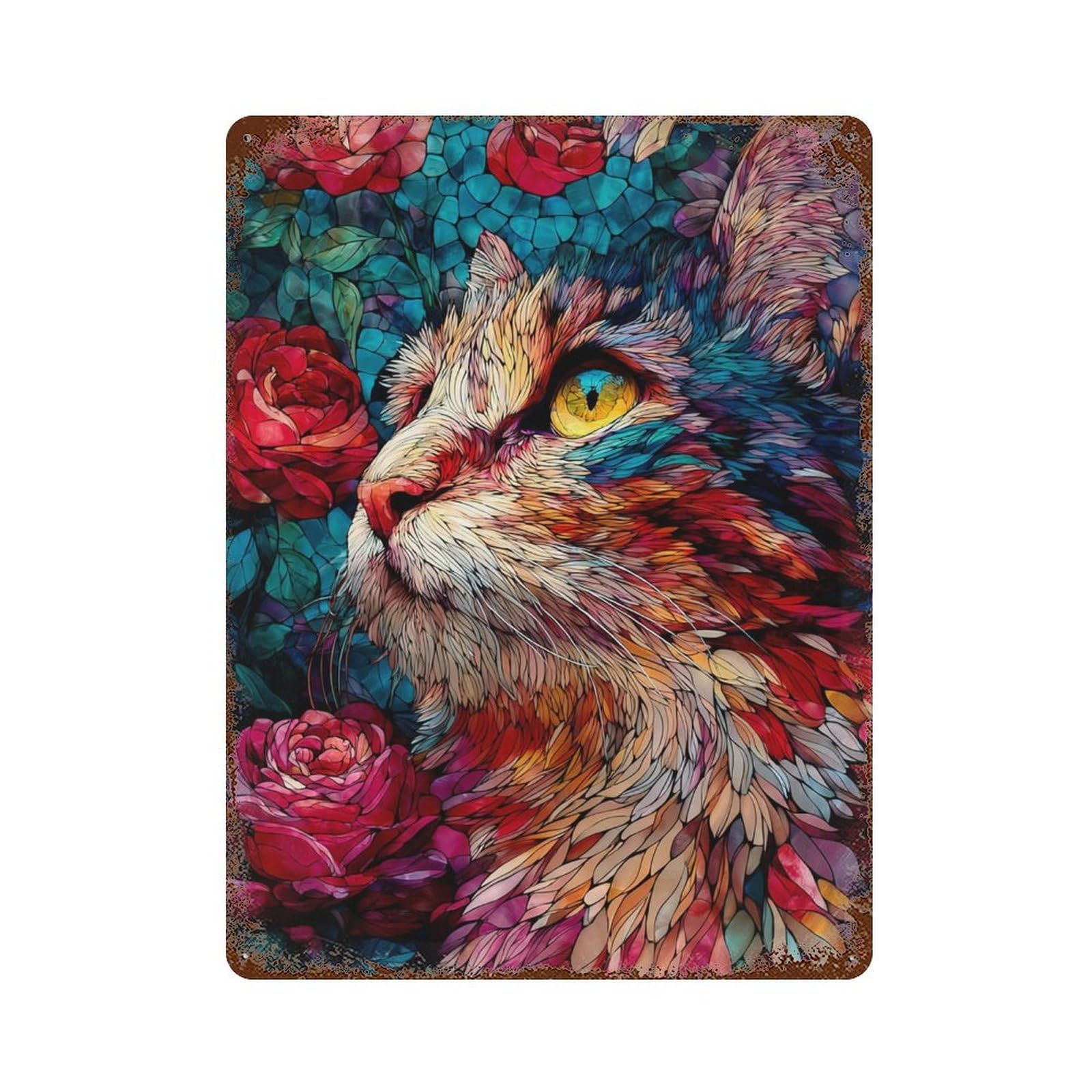 Stained Glass Cat Artwork-2 Distressed Metal Wall Sign 15.7"x11.8", Shabby Chic Decor for Garage, Pub Or Kitchen
