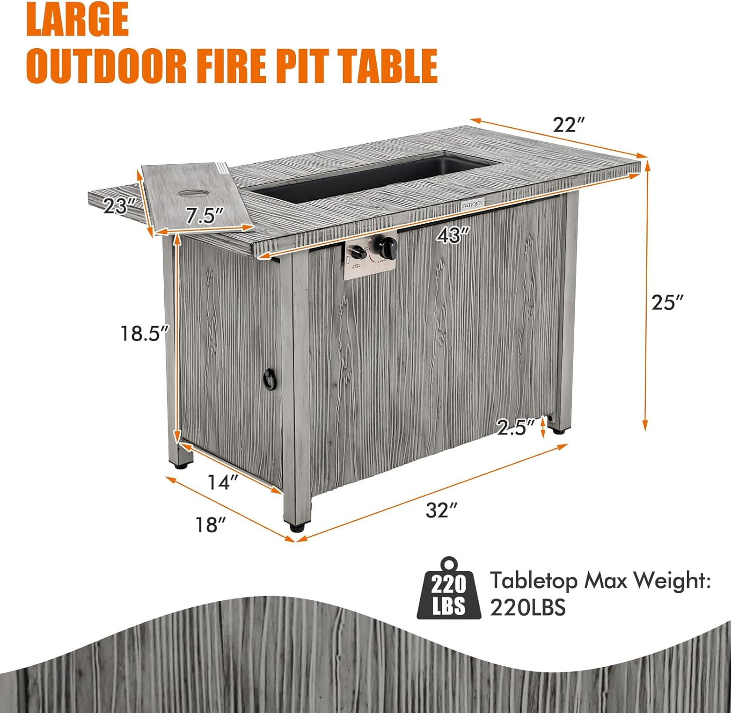 COSTWAY 43" Propane Fire Pit Table, 50,000 BTU Outdoor Propane Gas Fire Table w/Wood Grain Tabletop, Rectangular Propane Firepit w/Waterproof Cover for Balcony, Garden, Backyard