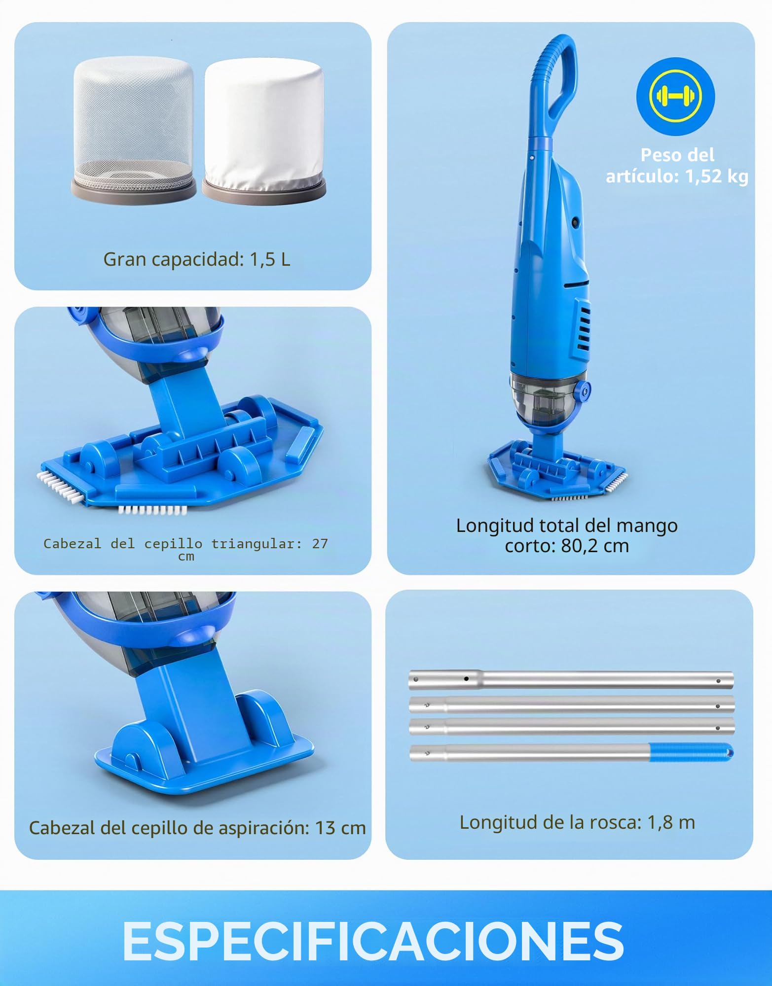 LanBlu Aspirador Piscina Bateria, 2.5m Aspiradora Piscinas Fondos con Varilla Telescópica de Hasta, 4200L/H Aspiradora para Piscinas con 4 Filtros, Diseño Anti-retorno Limpiafondos Piscina Inalambrico