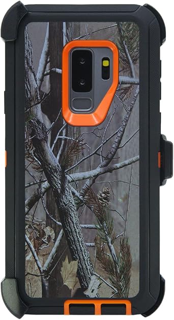 Case for Galaxy S9 Plus 6.2" Heavy Duty Full Body Military Grade Drop Protection Carrying Cover Holder | Holster for Men Belt with Clip Stand Camouflage/Orange