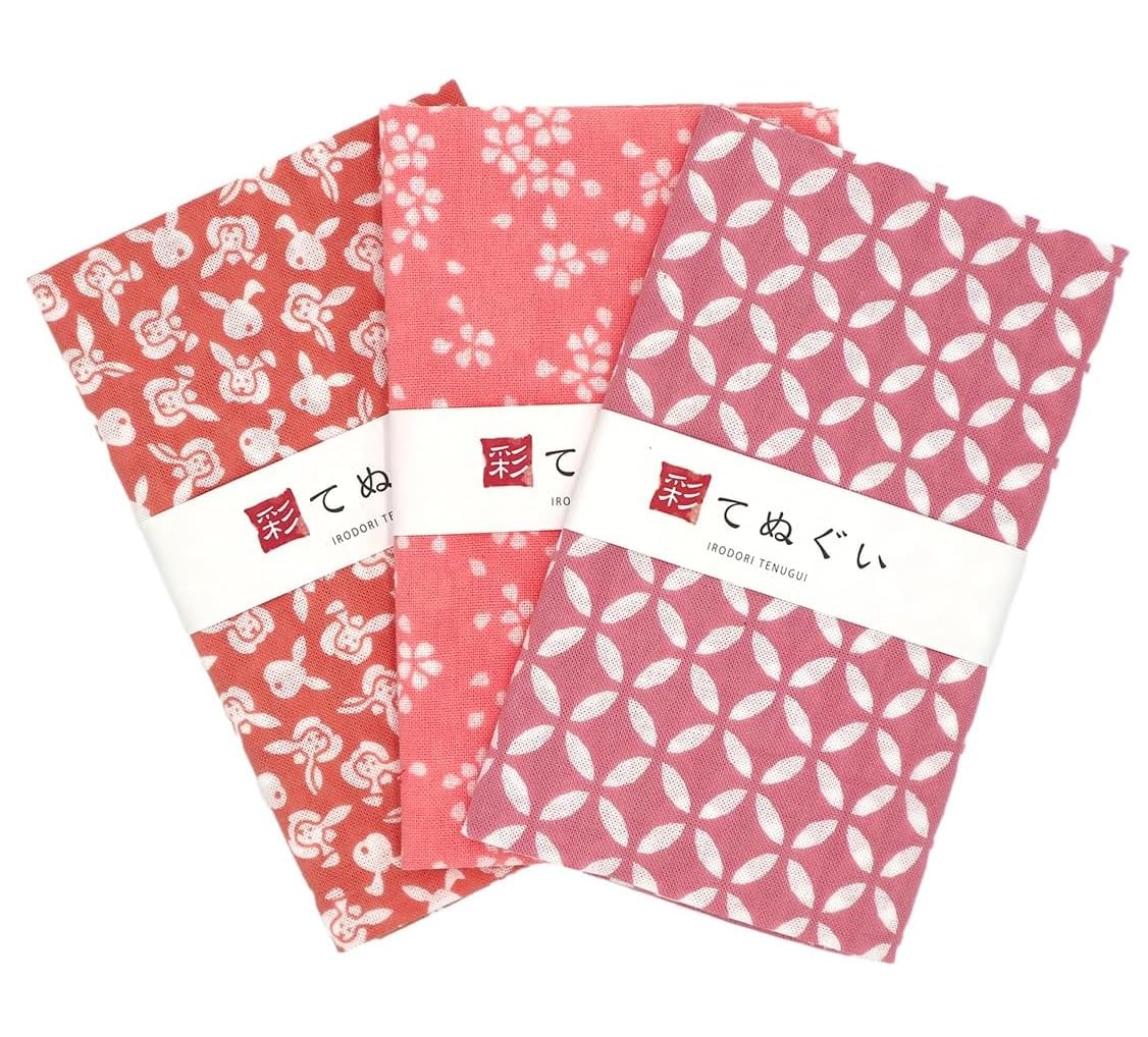 Komesichi Pink Irodori Japanese Traditional Towel Tenugui Pattern With Fray Prevention Processing Set Of 3 With Tenugui Iroha (English Manual)