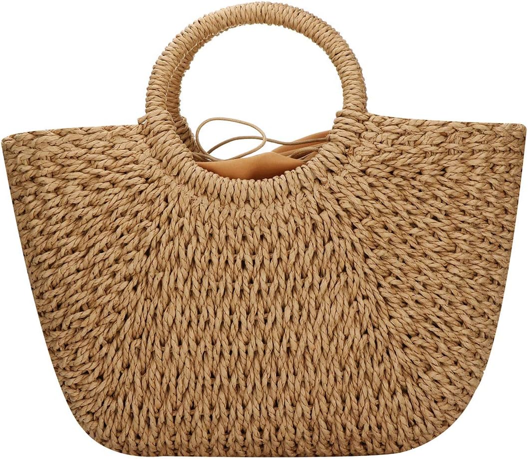 Straw Bags for Women,Hand-woven Straw Large Bag Round Handle Ring Tote Retro Summer Beach Rattan bag
