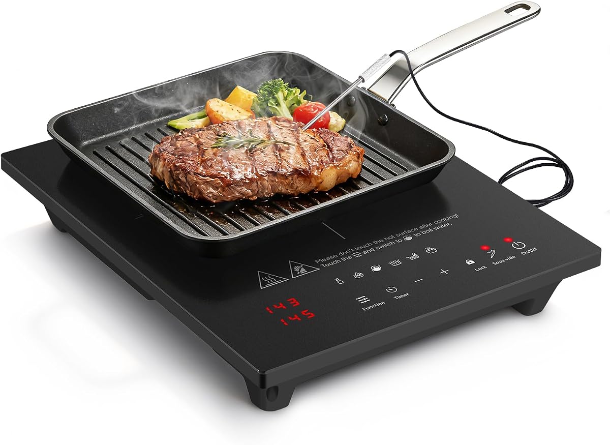 1800W Induction Cooktop, Low Noise, with Digital Probe | Digital temp probe for sous vide; 74 temp levels 100-465F; 20 power levels; 4 presets menu; ceramic glass; low noise