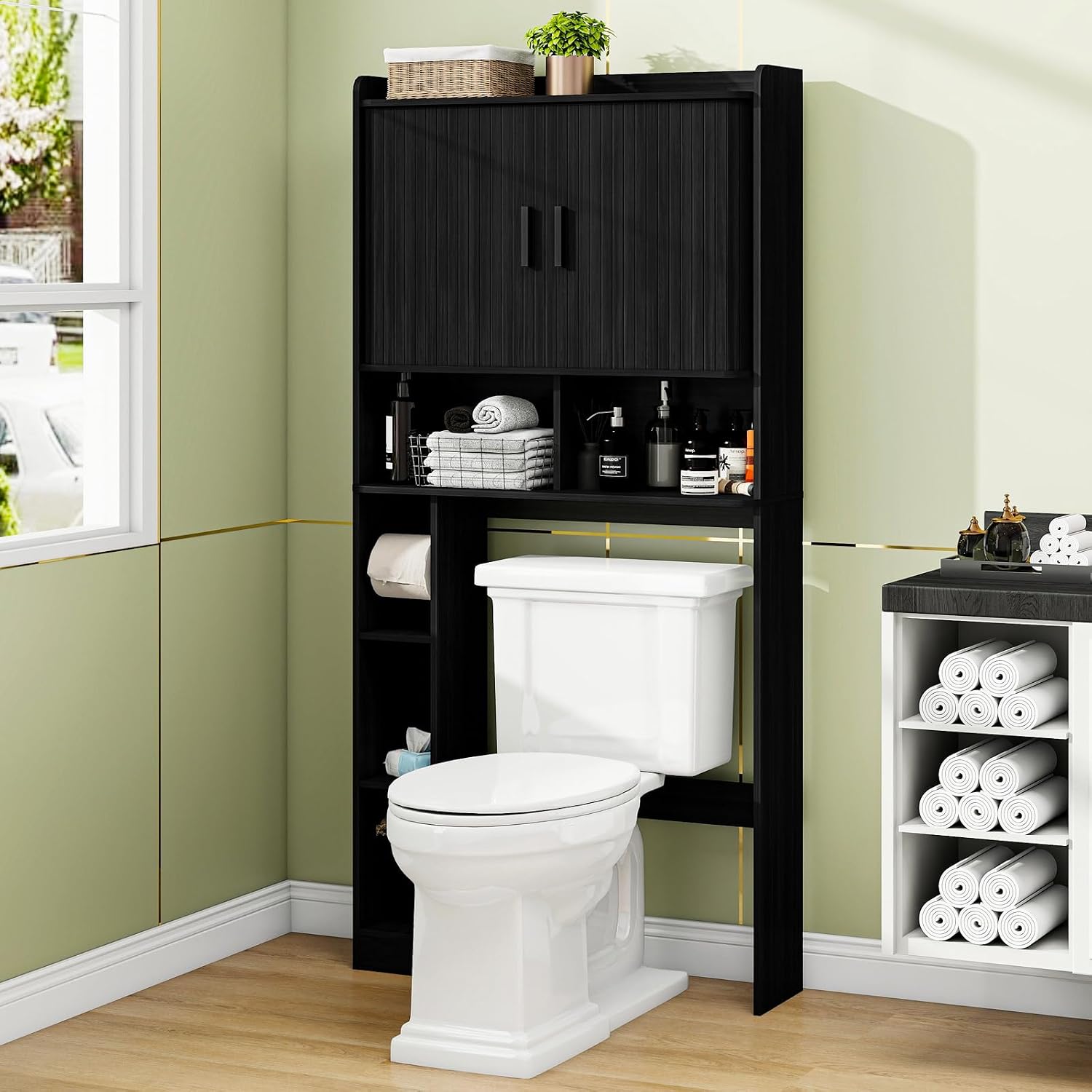 Over The Toilet Storage Cabinet,Farmhouse Toilet Cabinet Rack with 2 Tambour Sliding Doors and Toilet Paper Holder Stand，Toilet Shelf Space Saver with Towel Rack for Bathroom, Restroom,Black Laundry