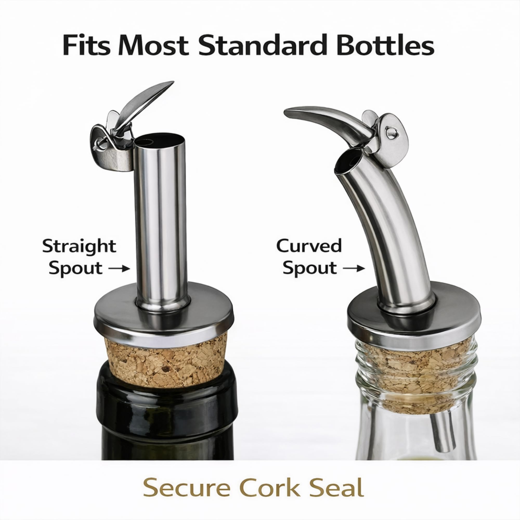 New Day Solutions NDS - Set Da 2 Versatori Per Olio D'Oliva In Acciaio Inox E Sughero Con Tappo A Ribalta | Perfetti Per Vino, Liquori, Aceto E Sciroppi