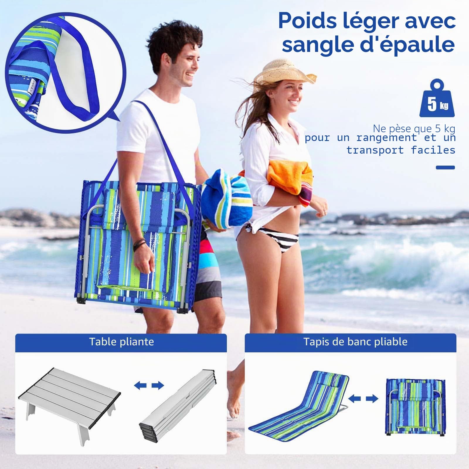 FANTASK Lot de 2 Tapis de Plage avec Table d'appoint, Oreiller et Compartiment de Rangement, Tapis de Couchage avec Dossier réglable, Chaise Longue pour la Plage (Vert)