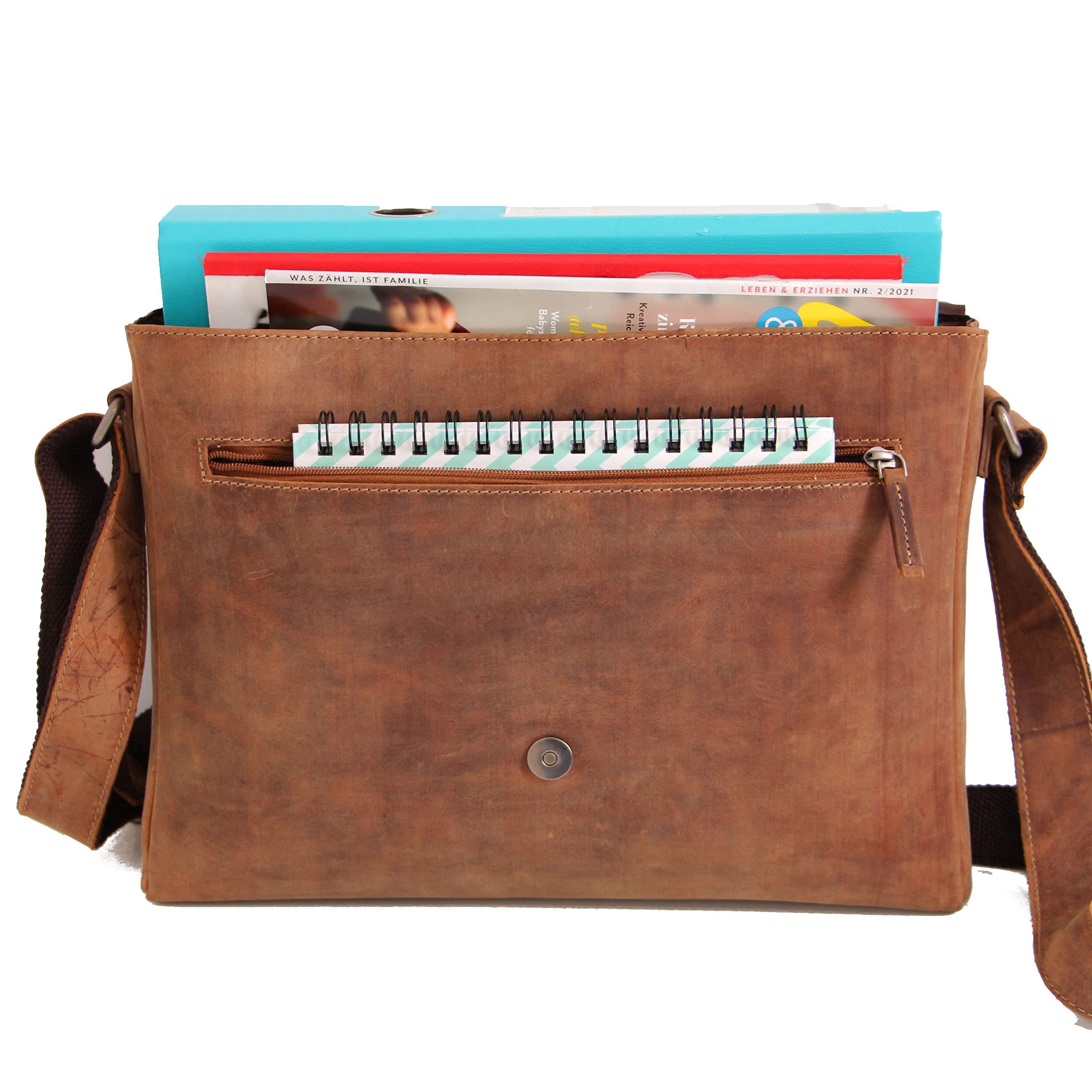 ALMADIH Leder Umhängetasche braun Vintage aus Rindsleder - Ledertasche mit gepolstertem Laptop Fach, Leder Messenger Unitasche Büchertasche Schultertasche Freizeittasche