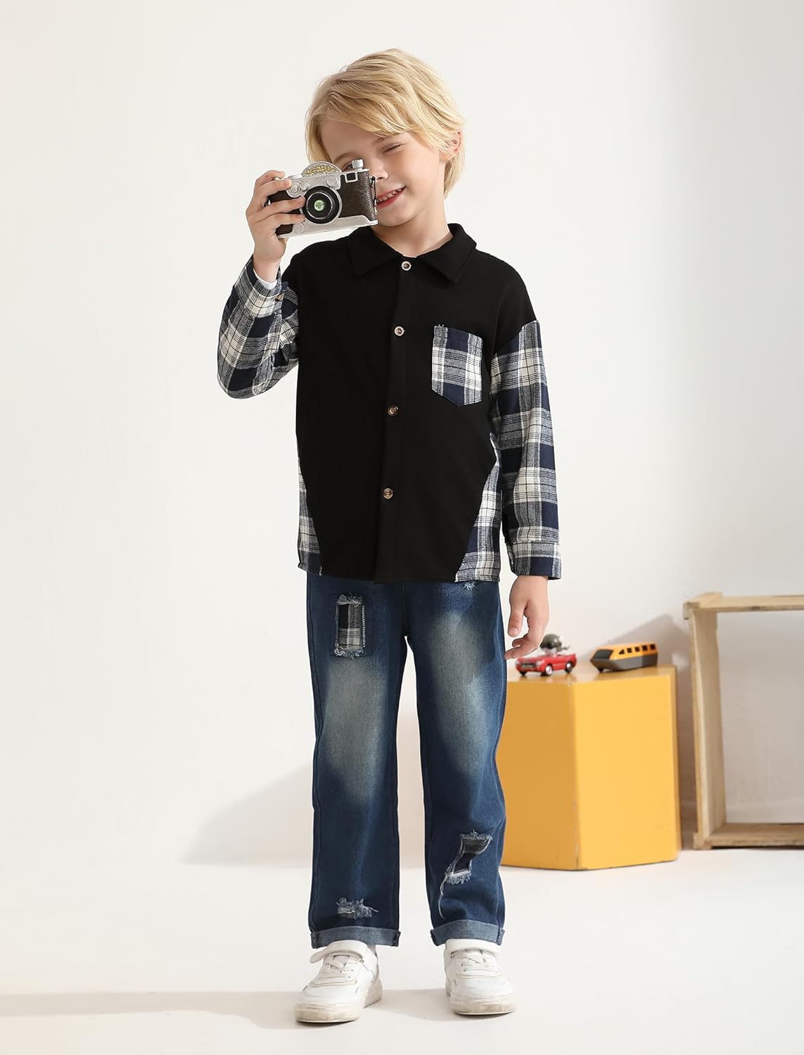 Toddler Baby Boy Clothes Flannel Long Sleeve Plaid Shirt Ripped Denim Jeans Outfit Set Boys Fall Outfits 2-6 Years - Image 3