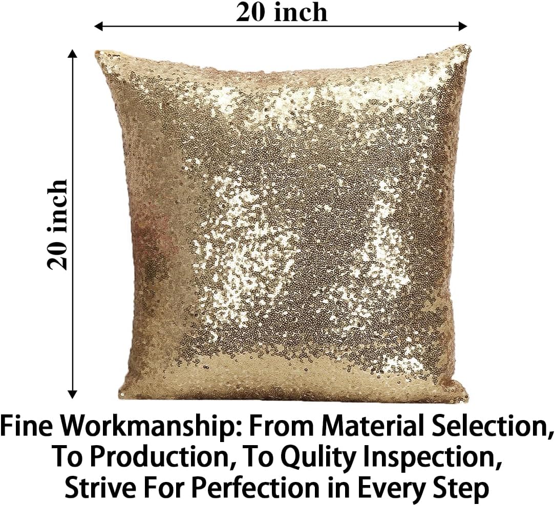 ShinyBeauty Sequin Pillow Case 20x20 2 Pack Light Gold Glitter Decorative Throw Pillows Sparkles Holiday (2-20x20, LightGold)