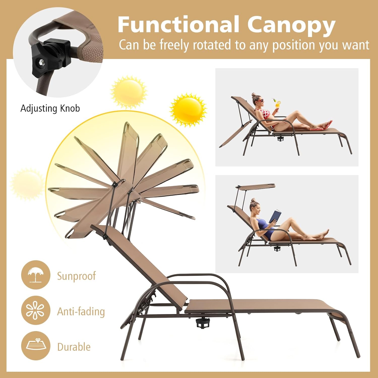 Brown Metal Outdoor Chaise Lounge with Adjustable Canopy and Cup Holder