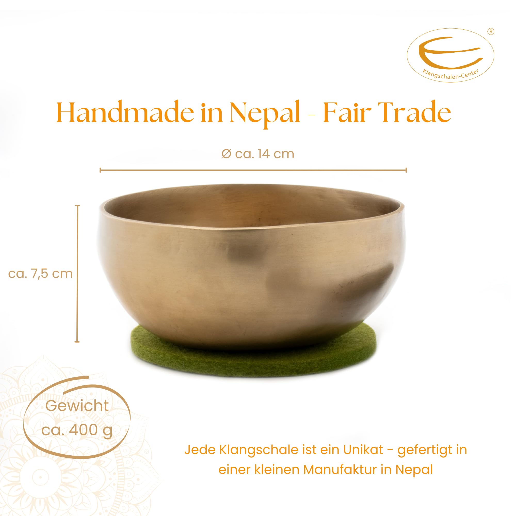 Tybetańska misa dźwiękowa ok. 350 g z grawerunkiem OM – ręcznie kuta w Nepalu – Fair Trade – do medytacji, jogi i uważności – w zestawie pałeczka i podkładka