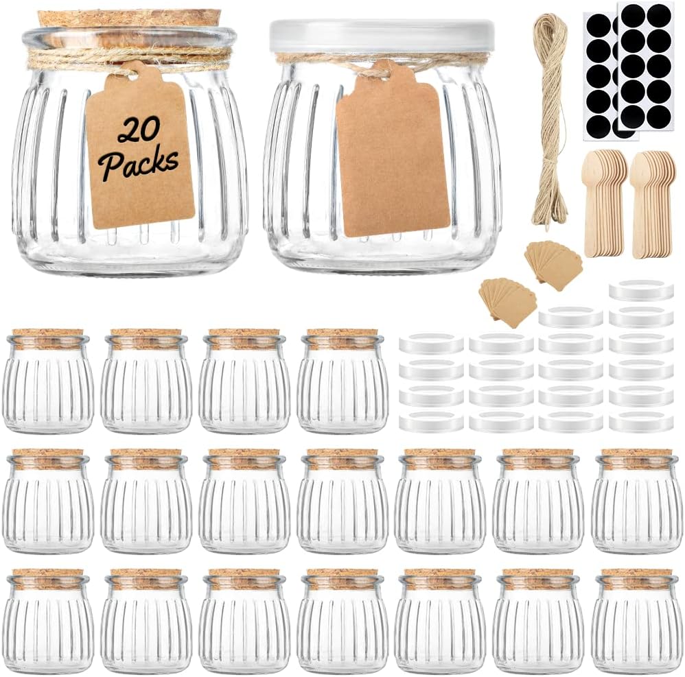 Folinstall 7oz Small Glass Jars with Cork Lids, 20 Pack