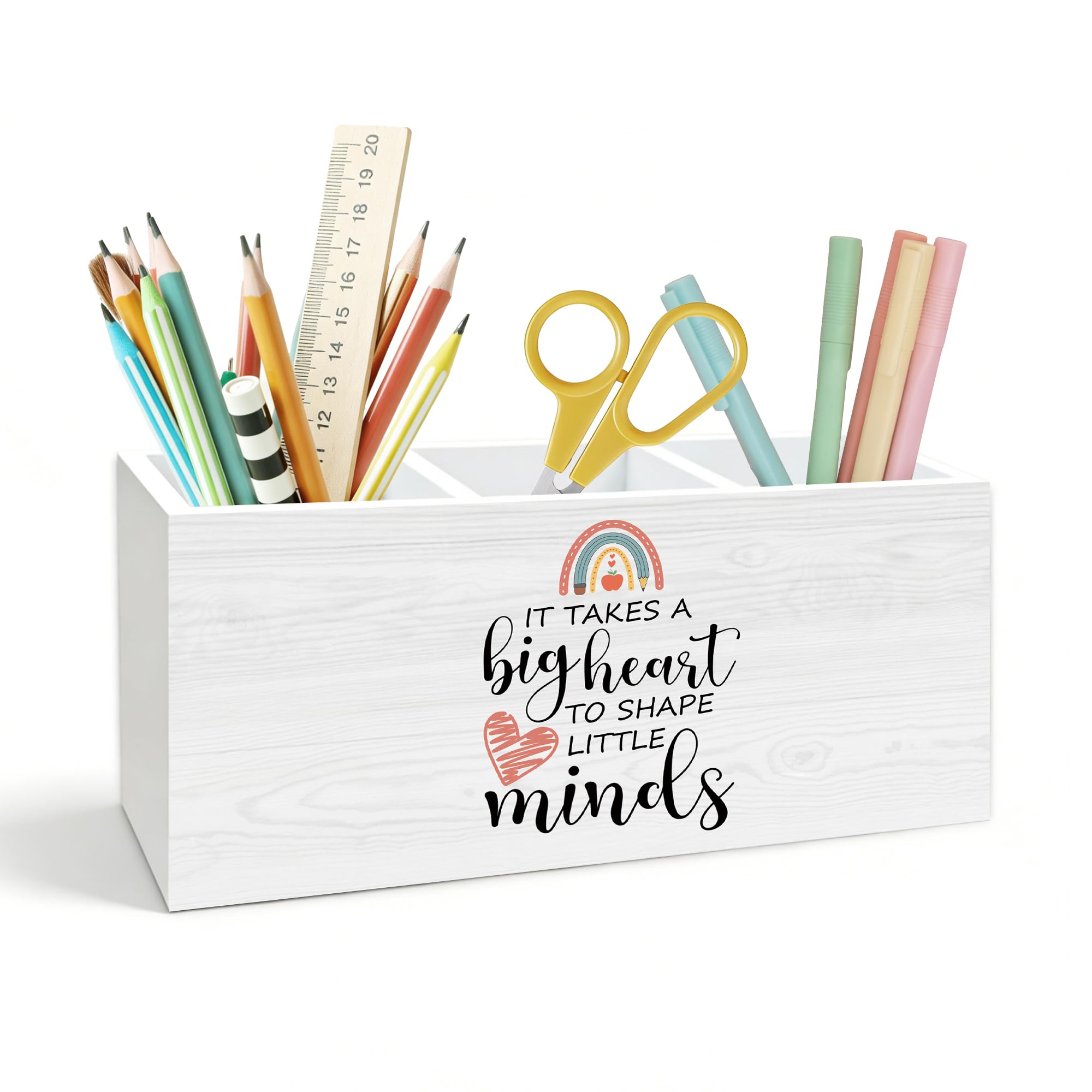 Portapenne da scrivania, con scritta in inglese "It Takes a Big Heart to Shape Little Minds", scatola di legno, portapenne, organizer per casa, ufficio, accessori da scrivania