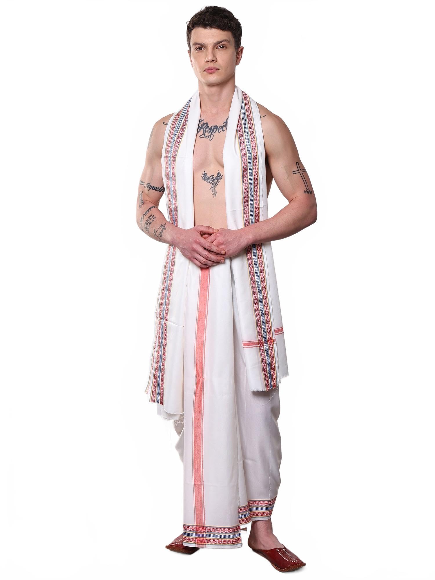 Polycotton Dhoti Angavastram Set with Woven Rudraksha Border | Men's Ethnic Dhoti Wedding Wear-image-5