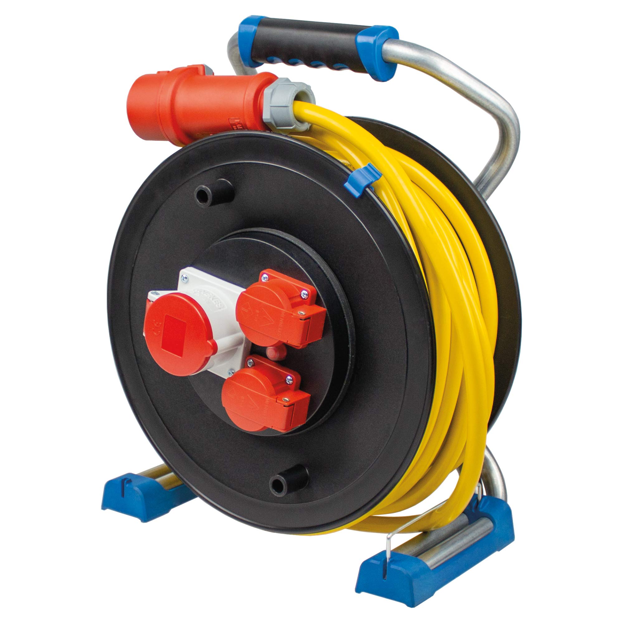 as - Schwabe Xperts avvolgicavo CEE 25 m AT-N07V3V3-F 5G1,5, IP44 esterno con 2 prese con terra e 1 presa CEE 400 V 5 poli, interruttore termico di protezione, Made in Germany