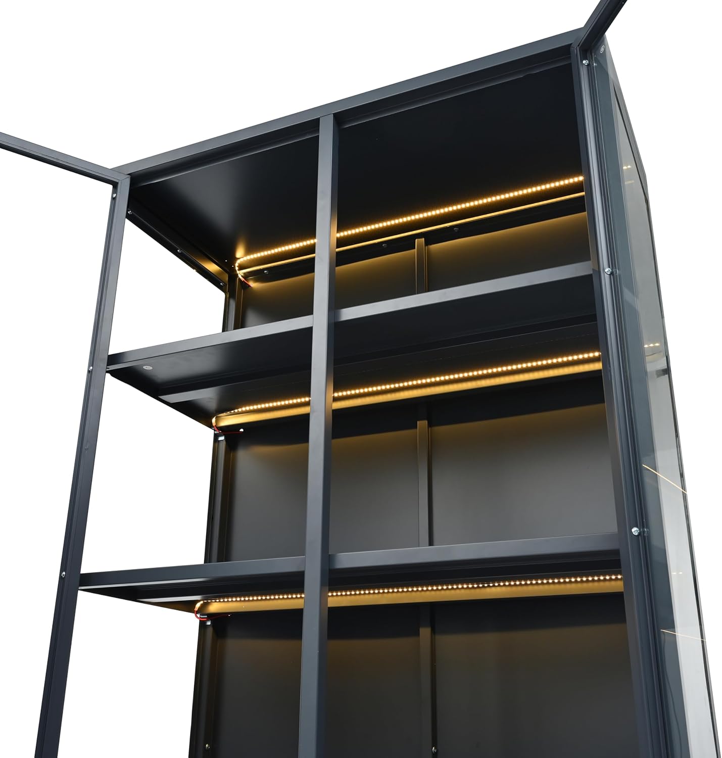 Glass Display Cabinet Steel File Cabinet with LED Lights, Tall Trophies Showcase Collectibles Bookcase Pantry for Home, Office, Stores, Dark Blue