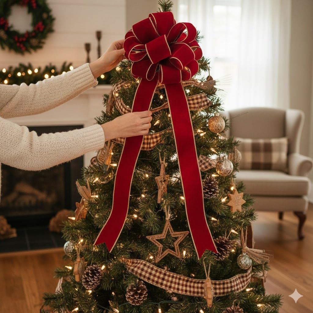 CT CRAFT LLC Red Wine Velvet Christmas Tree Topper Bow 11" with 4 Ribbon Streamers x 3 Yards Long Each for Holidy Elegant Fancy Home Décor Indoor - Image 2