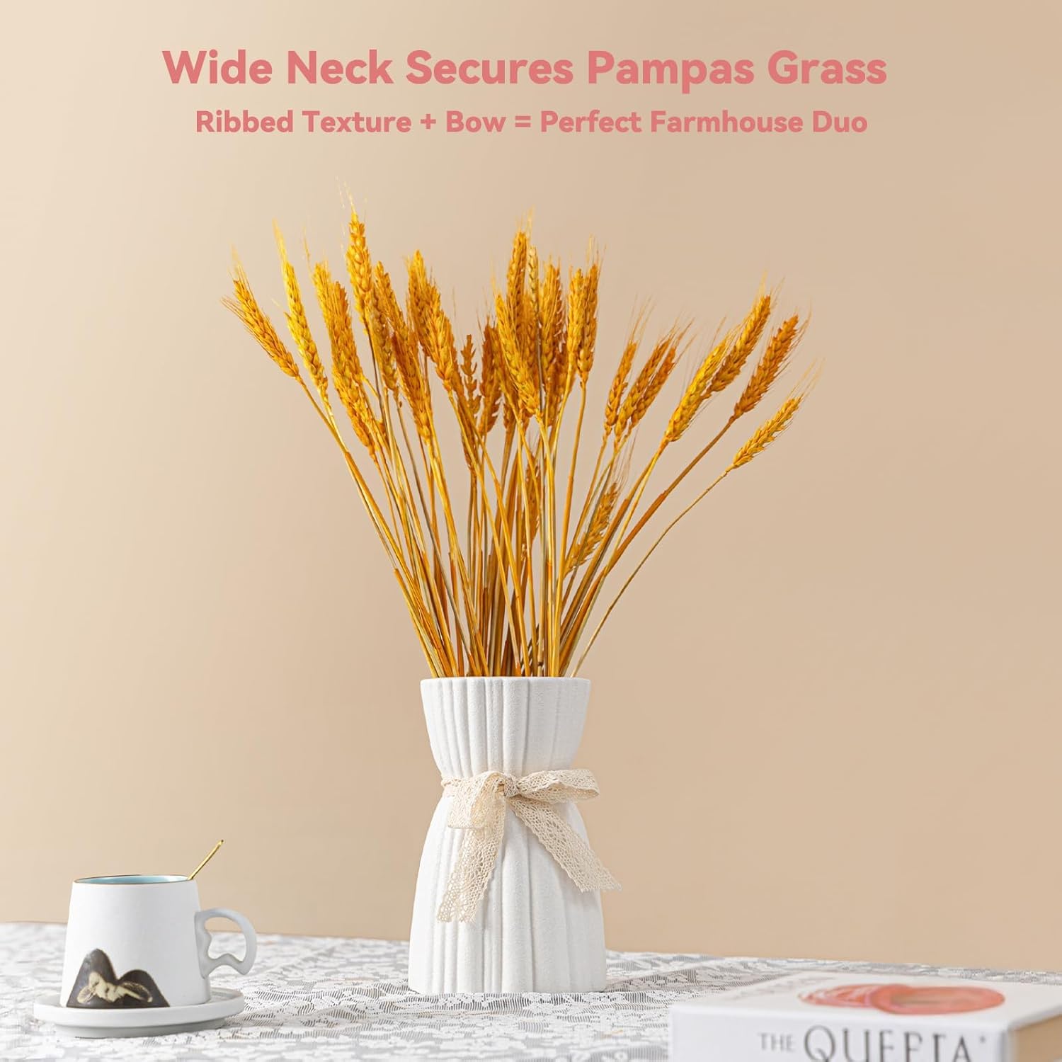 White Ceramic Vase with Lace Bow & Ribbed Texture - 7.7" Unique Flower Vase for Pampas Grass & Centerpieces, Farmhouse/Boho Decorative Vase for Living Room, Office Desk & Gift for Her/Yourself