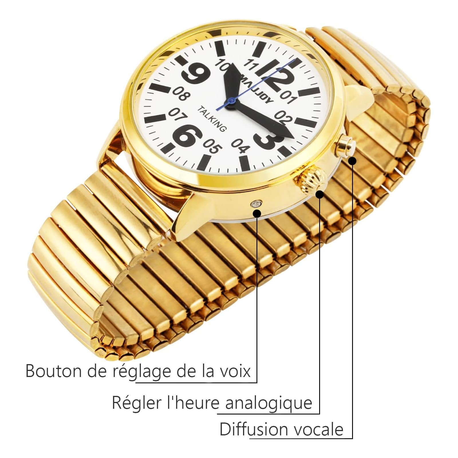 Montre parlante Anglaise pour Homme et Son Fort, Annonce l'heure | Annonce en français + réglages vocaux, alarme et carillon horaire adaptés aux seniors et malvoyants