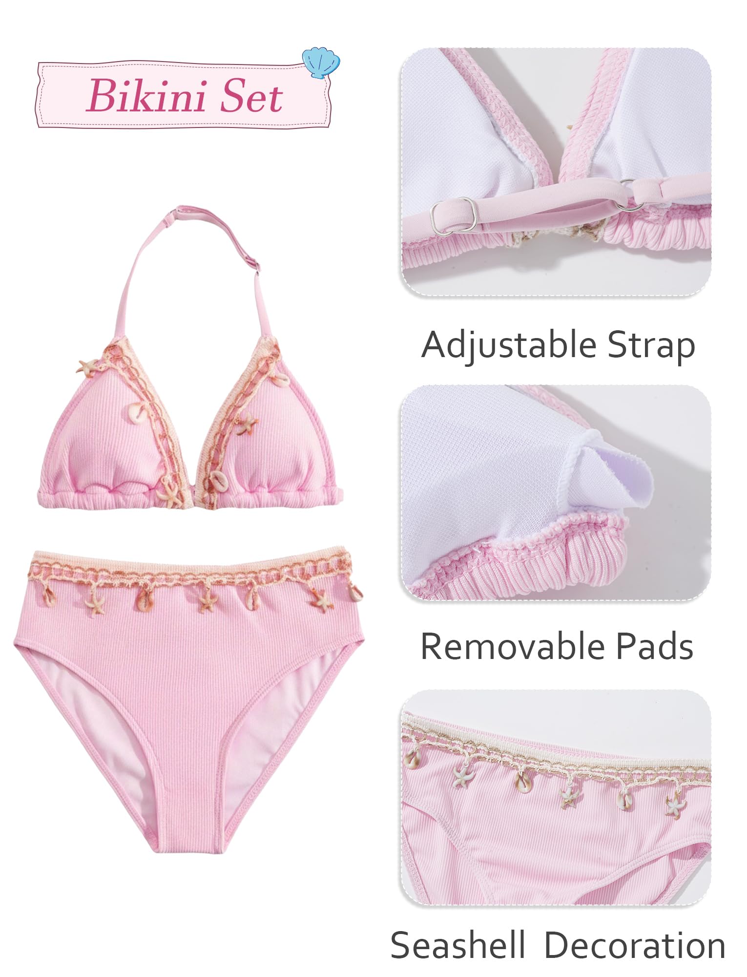 Maeau Costume da bagno da bambina, 3 pezzi, in stile bohémien, con motivo a conchiglie, con scollo all'americana, grazioso slip con copricostume, per bambine di 8-12 anni