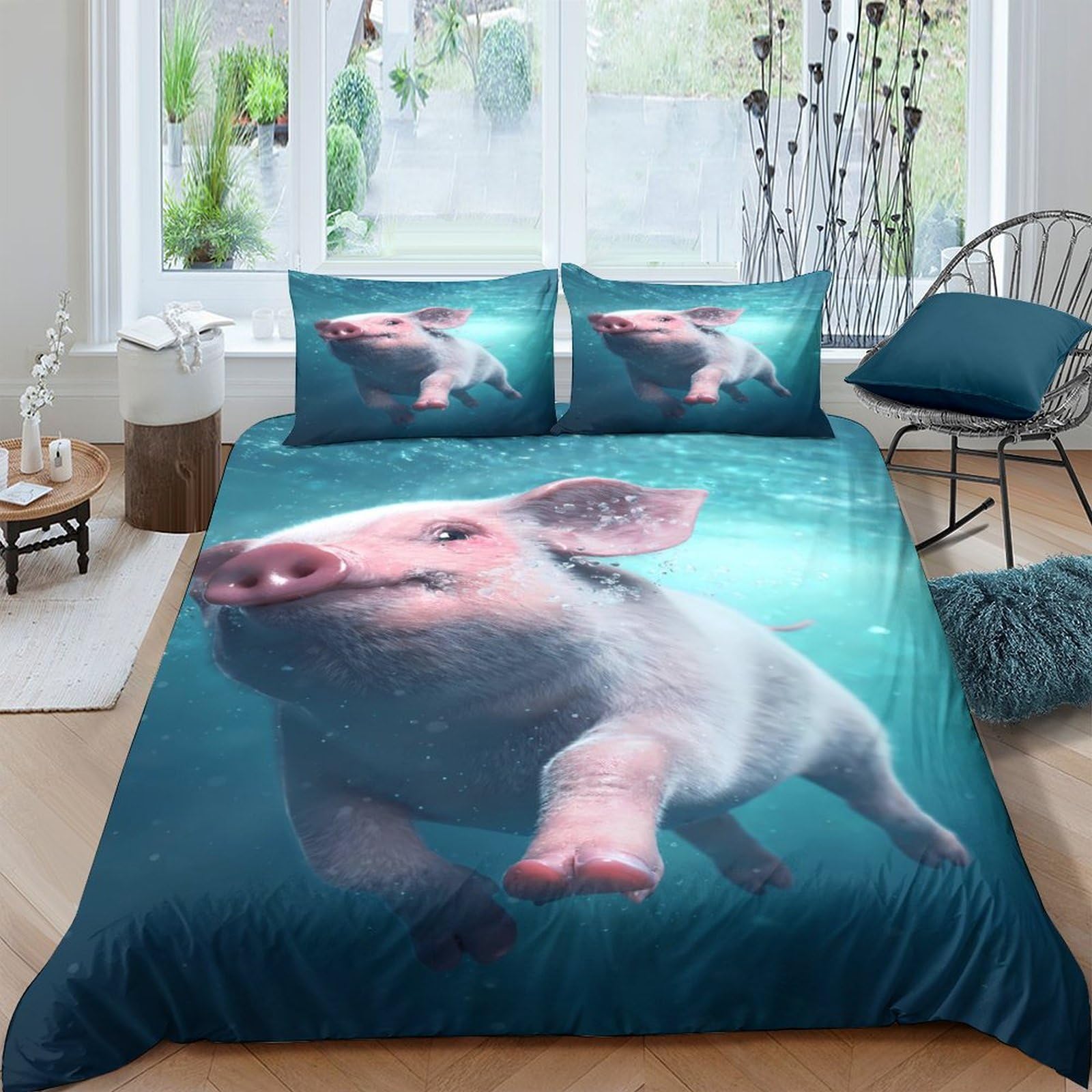 Ctjqhvkz Style-2 3D Printed Swimming Pig Fitted Sheet Microfiber Soft Breathable Underwater Animal Mattress Cover For Bedroom Dorm Decor Single（135X200cm）