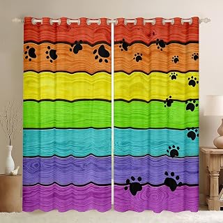 Cortina 3D para oscurecer la Huella de Perro de Gato, Cortina de Animales para Dormitorio, Cortinas Opacas con geometría de Estilo Retro de Madera arcoíris Colorida (30%-50%), Regalo para Amantes de