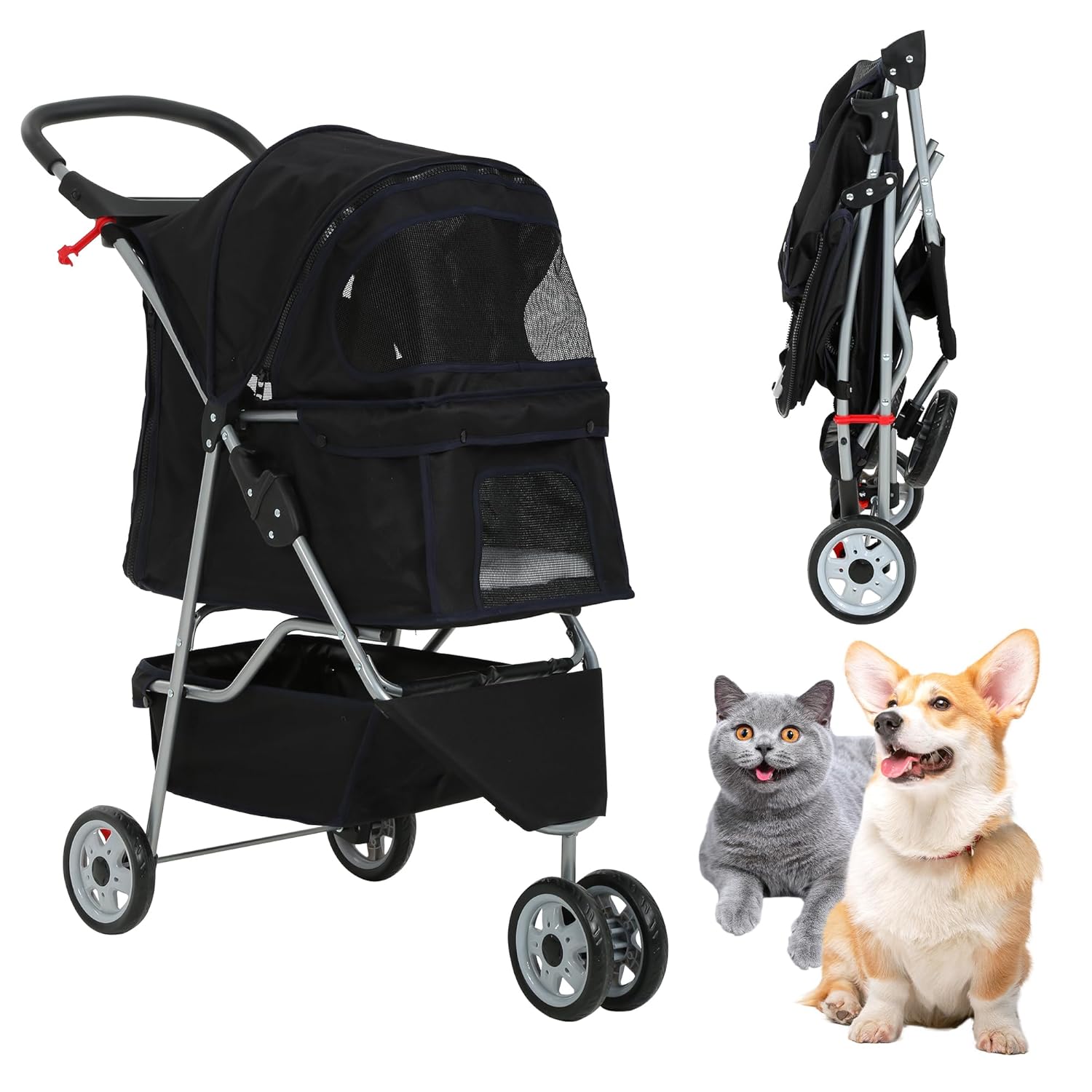 Dog Stroller with Storage Basket,3 Wheels Pet Stroller,Breathable Compact Portable Folding Carrier for Travel,Camping,Dog Carrier for Small Medium Dogs Or Cats,Lightweight Waterproof Pet Stroller