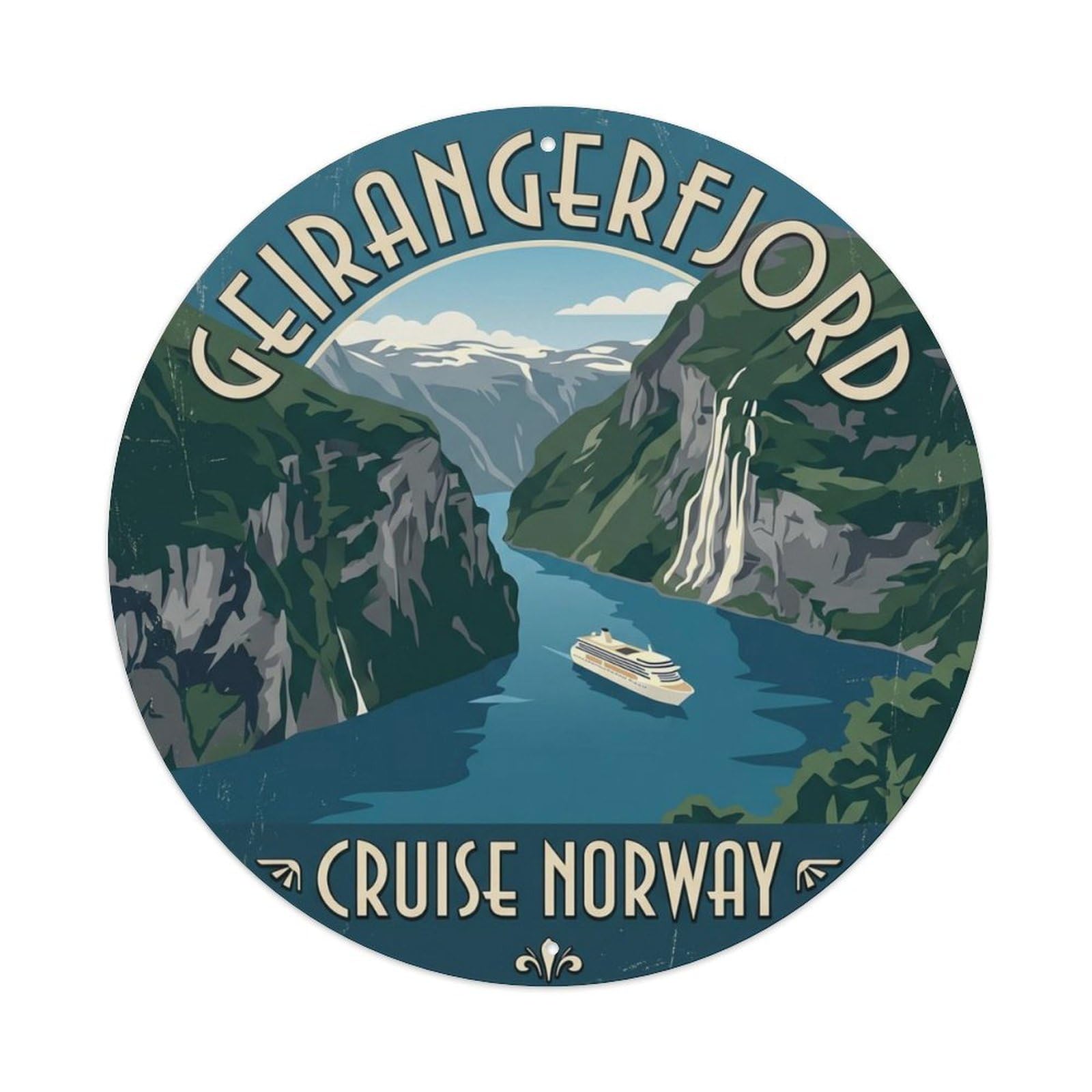 Geirangerfjord Cruise Norway Fjord Metal Tin Sign Plaque Wall Decor for Cafe, Club Bar, Office, Home Garden Round Metal Poster 8x8Inch