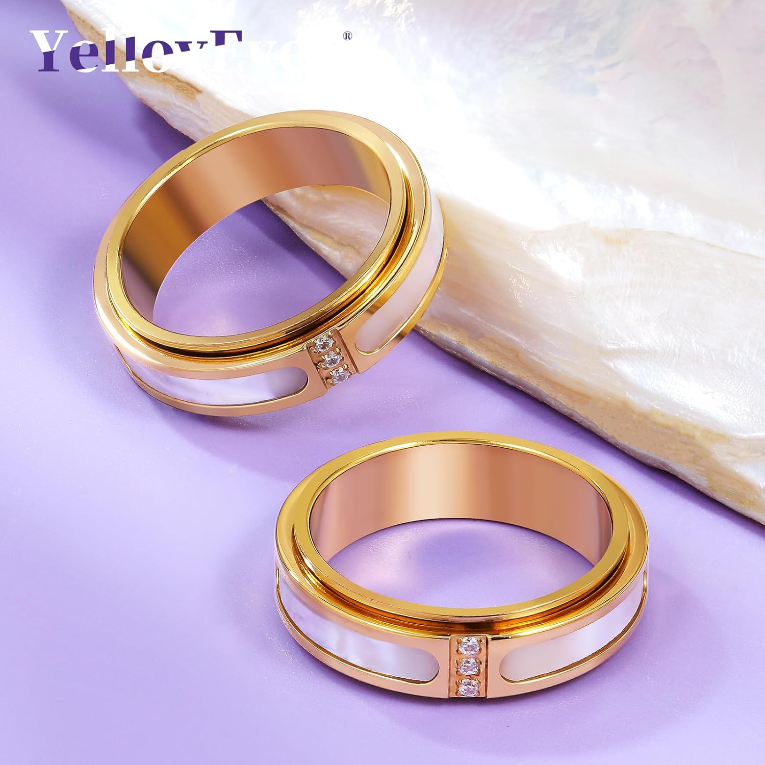 Fidget Spinner Ring for Women:18K Gold Plated Stainless Steel with Mother of Pearl Shell & Cubic Zirconia, Anxiety Relief Spinning Jewelry Gift for Birthday Wedding Engagement Anniversary - Image 4