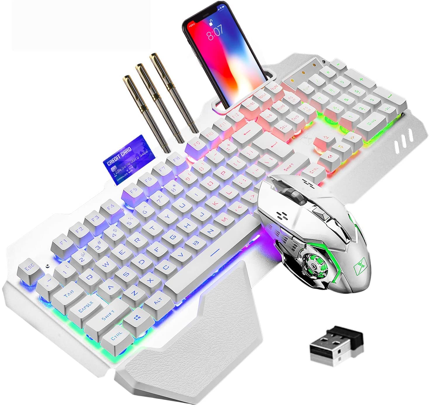 Bezprzewodowa klawiatura do gier z mechanicznym podświetleniem RGB, akumulator 5000 mAh z wyjmowaną podkładką pod rękę + 7 kolorów mysz do gier LED dla pisarzy/graczy (biała)