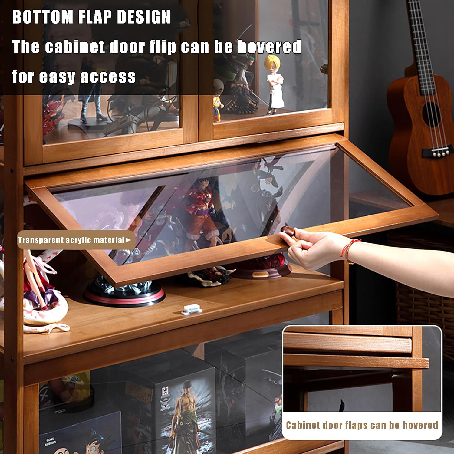 Display Cabinet Toys Display Shelf，Bamboo Display Cabinet, Figures Curio Display Cabinet, Display Cabinet with Acrylic Doors, Display Cabinets for Collectibles with 3/5-Tier Storage Shelves