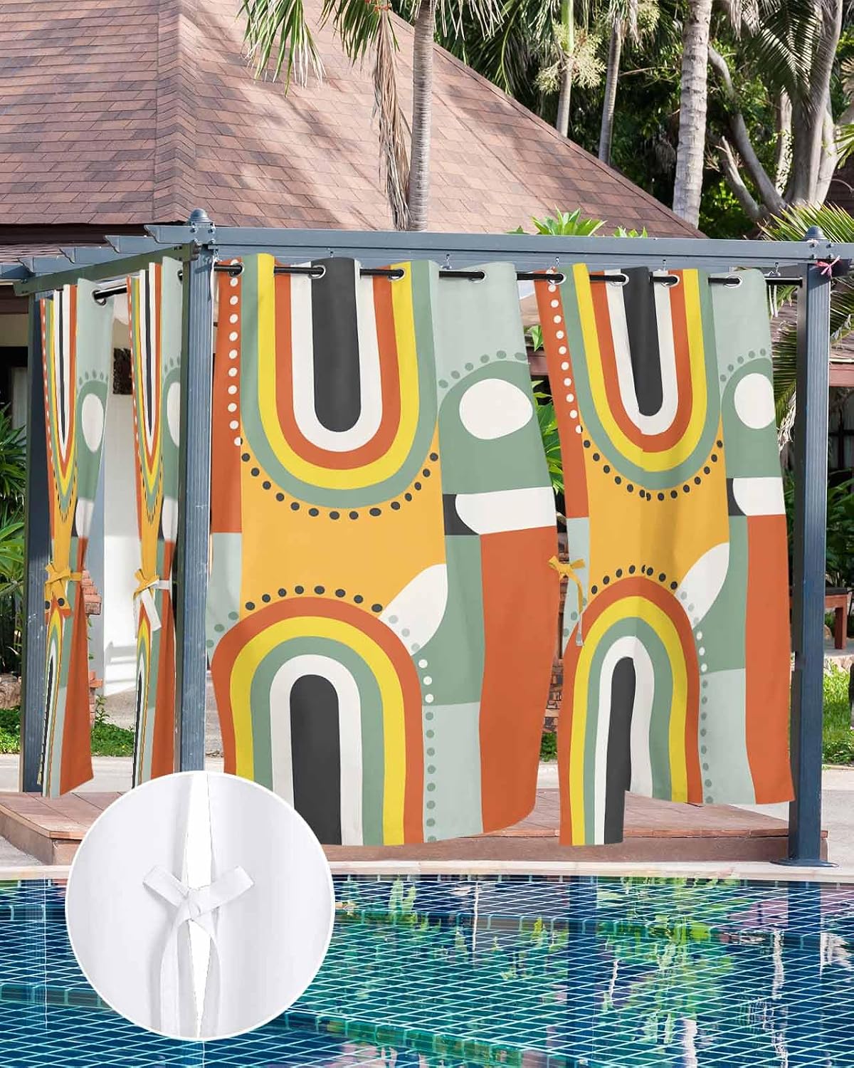Indoor Outdoor Curtains for Patio Mid-Century Modern Art Geometric Abstract Yellow Orange Outside Curtains Waterproof Grommet Privacy Light Filter Drapes for Porch Pergola Gazebo 52"Wx95"L 2 Panels