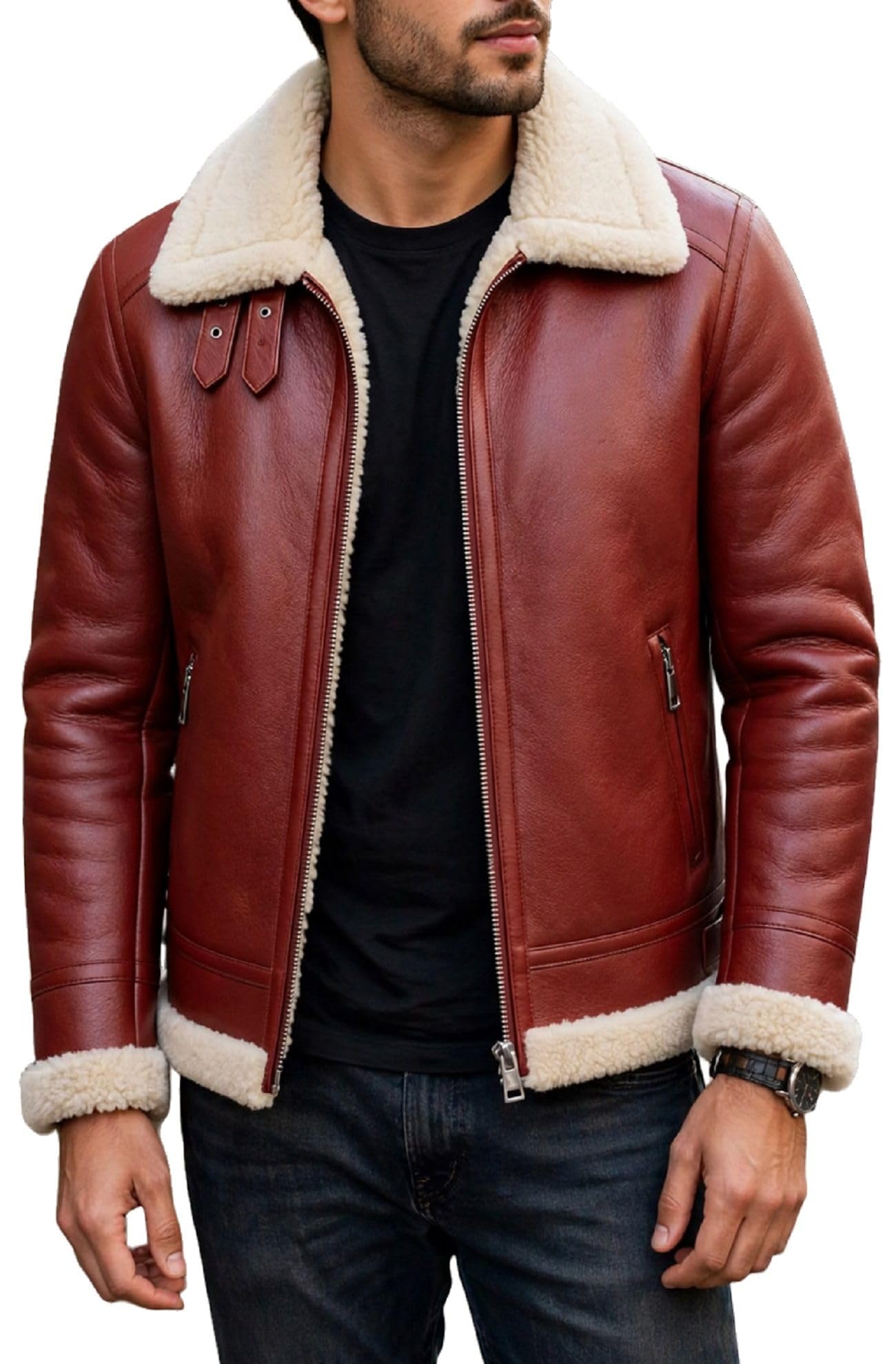 Veste aviateur B3 cuir rouge homme col mouton chaud pour l'hiver