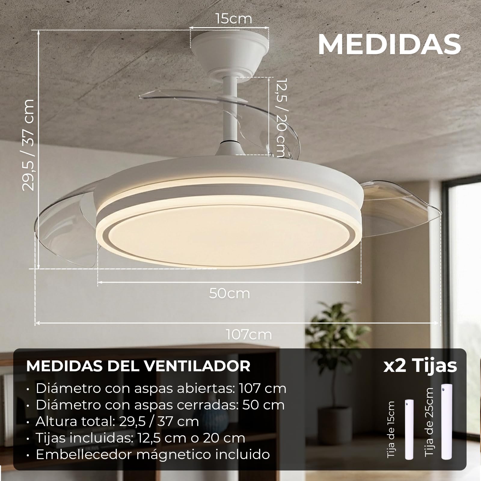 YOEVU EOS ONE Ventilador de Techo 72W con Luz LED Regulable, Aspas Retráctiles, Mando a Distancia + APP Bluetooth, Silencioso, Iluminación Ajustable, Bajo Consumo
