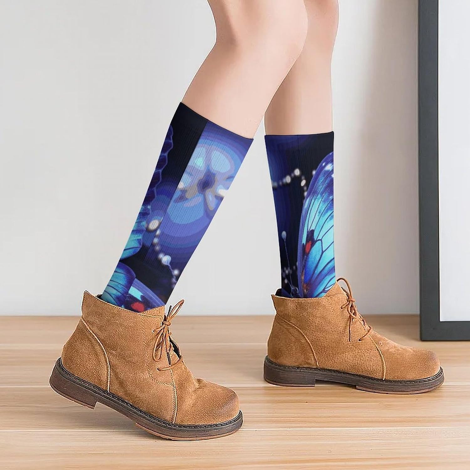 Breathable Crew Sock, Moisture Wicking, Athletic Calf Socks, Cozy | Beauty Butterfly Compression Socks for Women Men, Lightweight High Work Socks for Business, Casual