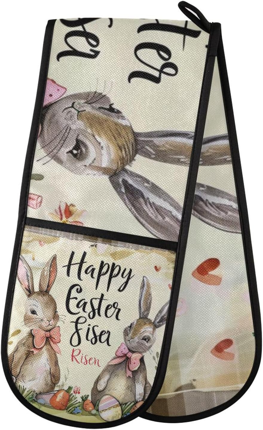 Vintage Blue Flower Herb Double Oven Mitts Oven Gloves Heat Resistant for Kitchen Cooking Barbecue Baking Grilling Microwave Machine Washable 35x7in