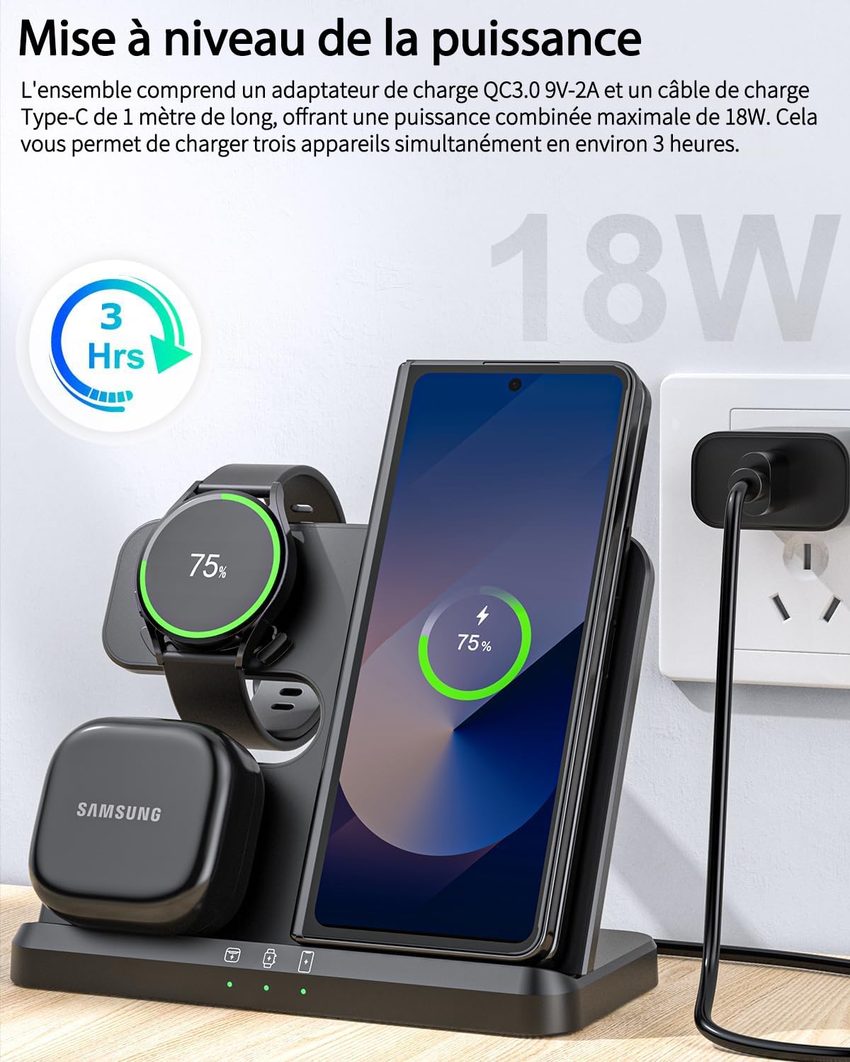 Chargeur sans Fil 3 en 1 pour Samsung S26 S25 S24 S23 Ultra, Station de Charge sans Fil pour S24ultra/S22Ultra/S23/Z Fold4/Flip4, Galaxy Watch8 Classic8/7/6/5/4, Galaxy Buds