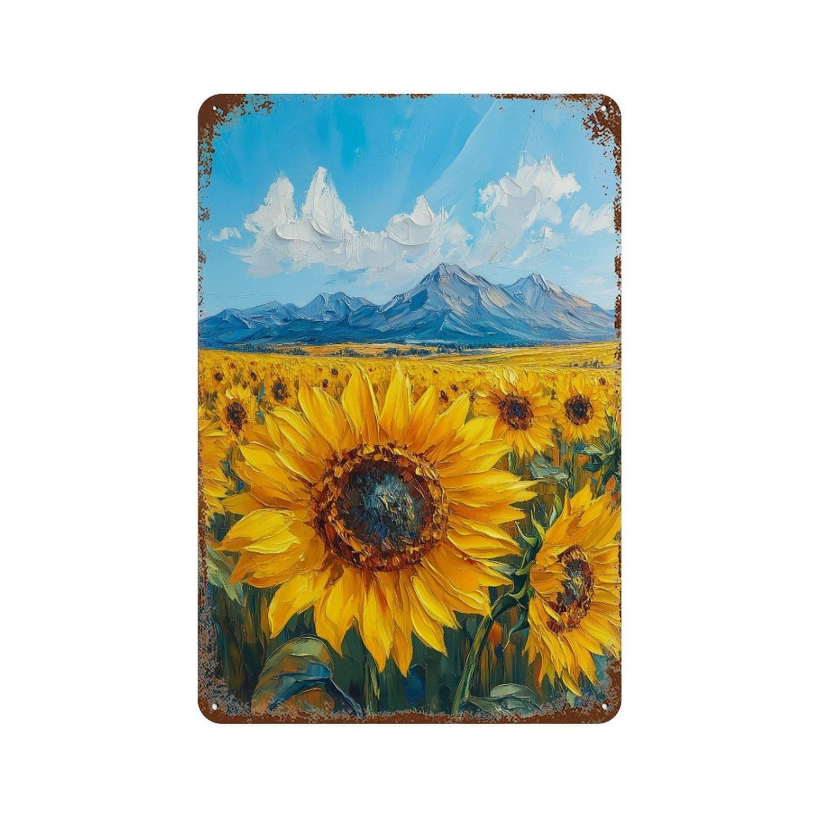 Aged Metal Wall Plaque with Sunflower Field with Mountains Design 11.8"x7.9", for Shed, Workshop And Garage Wall Decor, Decorative Metal Wall Art