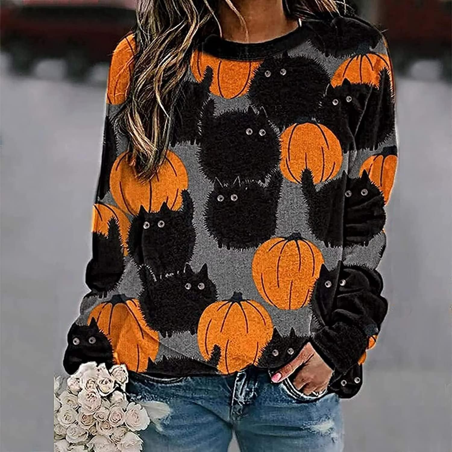 Halloween Pumpkin Sweatshirt Crewneck Pullover - Animal Cat Bat Print Casual Loose Long Sleeve Tops Shirts - Image 2