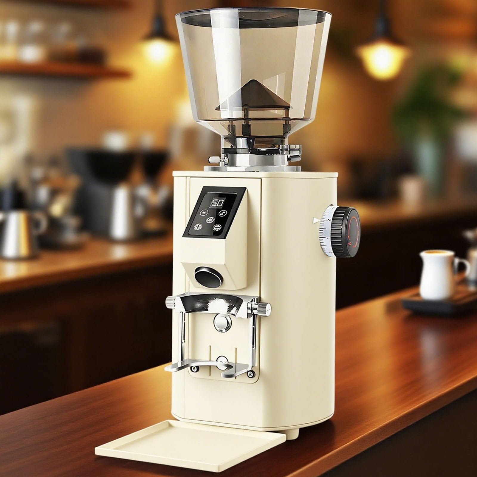 Molinillo Cafe, Molinillo De Café Comercial De 350W con Muelas Planas Y 9 Ajustes De Precisión, Pantalla LED, Molino Cafe Electrico con Tolva De 450 G Y Doble Dosificación Beige