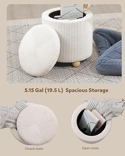 Miniatura 4 de Adeco Otomana redonda, otomana beige con almacenamiento, 15.35 pulgadas de diámetro x 16.53 pulgadas de alto, taburete tapizado de terciopelo para