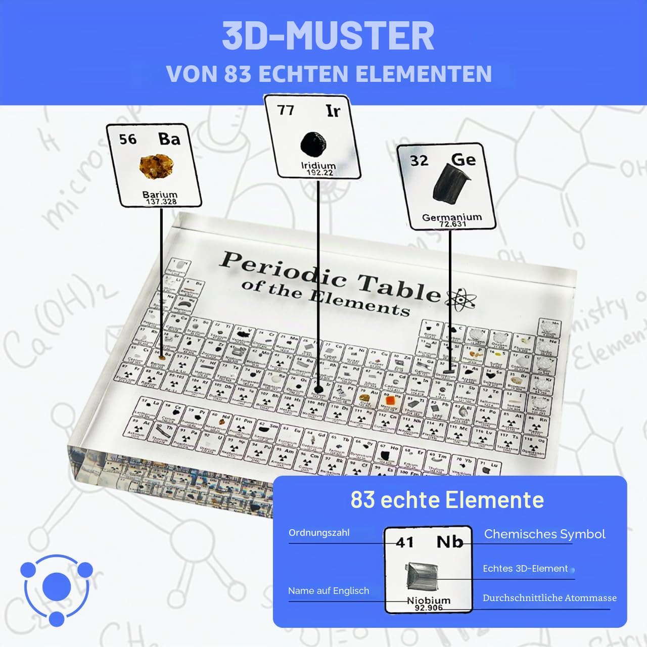 Periodensystem mit echten Elementen, groß (21 x 14 x 2,7 cm), Holzsockel, transparentes Board und Holzständer mit weißem LED-Licht, chemisches Geschenk für Schüler und Lehrer