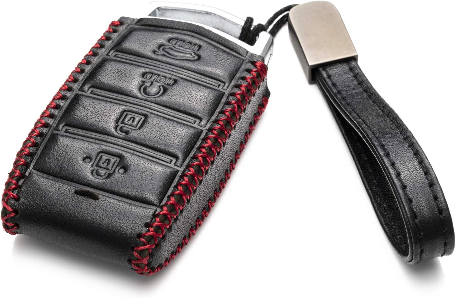 Vitodeco Genuine Leather Smart Key Fob Case Cover Protector with Leather Key Strap Compatible for 2017-2020 Genesis G70, G80, G90 (4-Button with Remote Start, Black/Red)