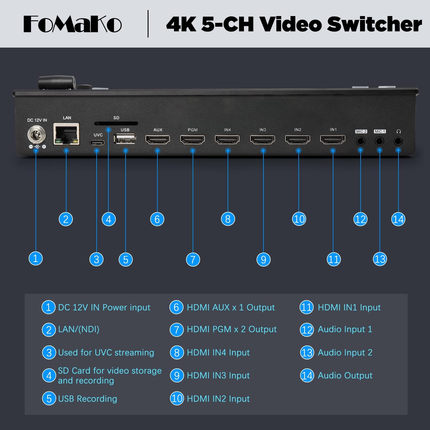 FoMaKo 4K HDMI Video Mixer Switcher, 5.5 Inch FHD LCD Screen, 5-Channel Live Streaming Switcher, 4K 60FPS Input, 1080p 60FPS Output, Support PTZ Controller, HDMI Video Switcher, M3