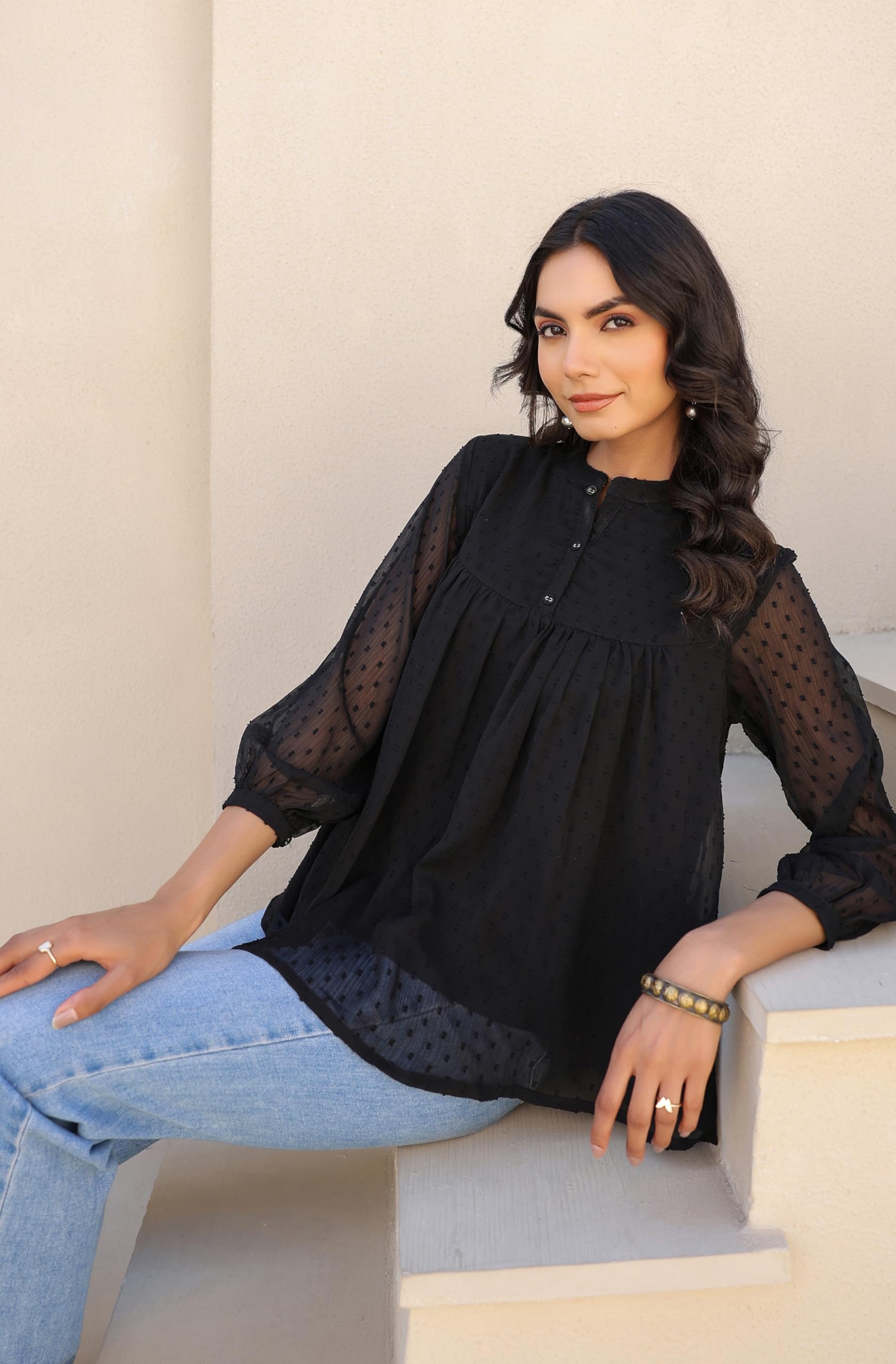 Janasya Women's Dobby Chiffon Solid Empire Top product image 2