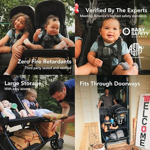 Miniatura 7 de Strolee Cochecito ligero de doble lado a lado, 22 libras, plegado compacto de 9.5 pulgadas, asiento listo para siesta doble, arnés sin reenhebrado,